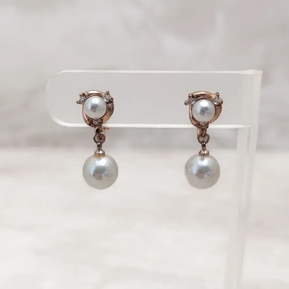 Vintage Clip On Earrings Copper Tone, Faux Pearl, Clear Gem - Condition Issues